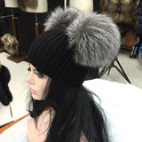 Silver Fox Black Double Pomkin Fur Pom Hat