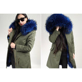 Blue Fur Raccoon Winter Army Green Coat Parka