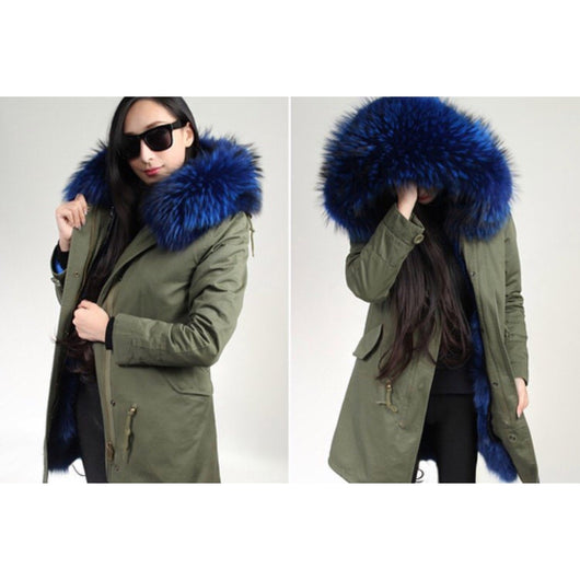 Blue Fur Raccoon Winter Army Green Coat Parka