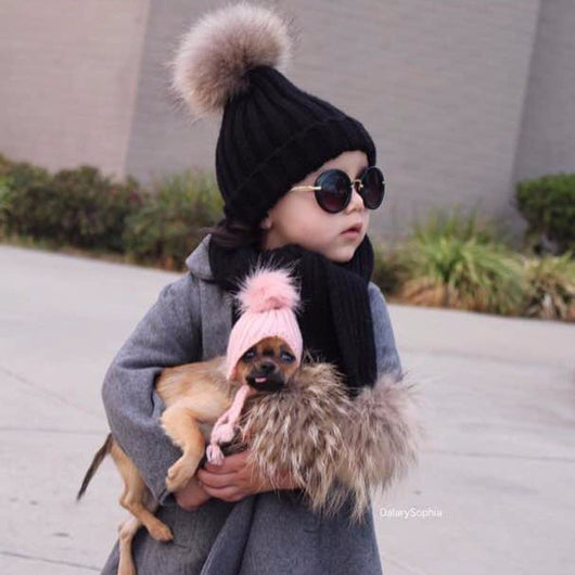 Kids Black Pomkin Hat + Scarf Set