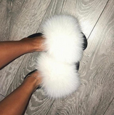 Fur Slides Slippers - Snow White/Black Sole