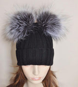 Silver Fox Black Double Pomkin Fur Pom Hat