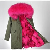 rose bright pink green fur parka