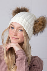 White Double Natural Pomkin Fur Pom Hat