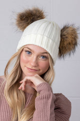 White Double Natural Pomkin Fur Pom Hat