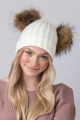 White Double Natural Pomkin Fur Pom Hat