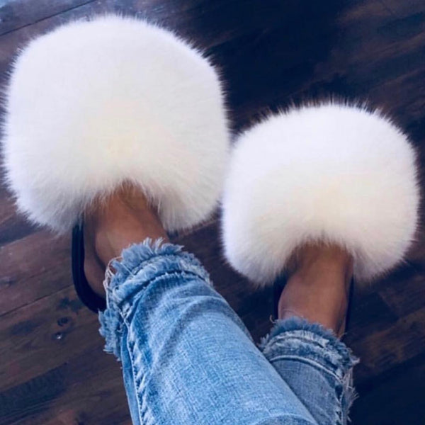 Fur Slides Slippers - Snow White/Black Sole