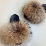 Raccoon Fur Slides Slippers - Natural Brown