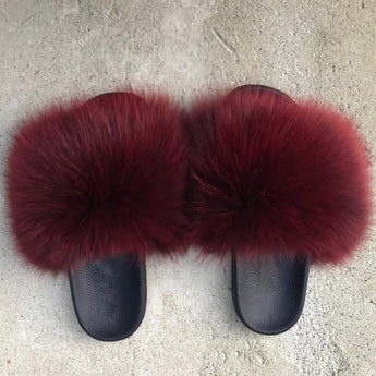 Fur Slides Slippers - Wine Burgundy