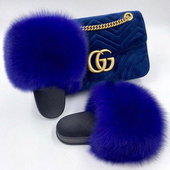Fur Slides Slippers - Royal Blue