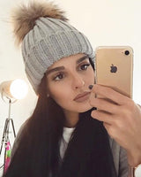 Grey Fur Pom Pom Pompom Hat Tuque Beanie