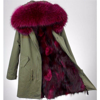 Burgundy Raccoon Real Genuine Fur Hood Army Parka