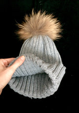 Grey Fur Pom Pom Pompom Hat Tuque Beanie