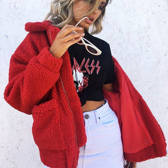 Oversized Teddy Bear Zipup Jacket - Red