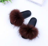 Raccoon Fur Slides Slippers - Wine