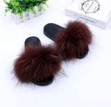 Raccoon Fur Slides Slippers - Wine