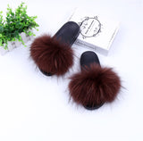 Raccoon Fur Slides Slippers - Wine