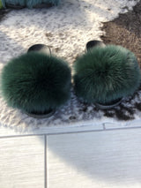 Green Olive Fox Fur Slippers Slides Flip Flops