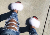 Fur Slides Slippers - Snow White/Black Sole