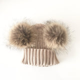 Beige Double Natural Pomkin Fur Pom Hat