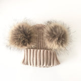 Mini Beige Double Natural Pomkin Fur Pom Hat