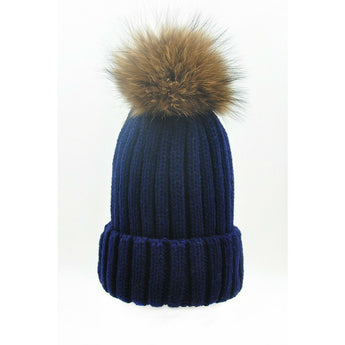 Navy Fur Pom Pom Bobble Hat Tuque