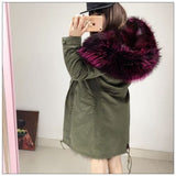 Burgundy Raccoon Real Genuine Fur Hood Army Parka