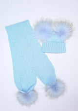 Kids Icy Blue Pomkin Hat & Scarf Set