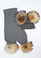 Grey Double fur pom pom Scarf