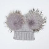 Light Grey Double Fur Pom Hat