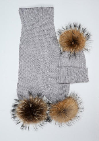 Kids Light Grey Pomkin Hat + Scarf Set