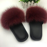 Fox Fur Slides Slippers - Wine Burgundy