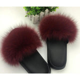 Fox Fur Slides Slippers - Wine Burgundy