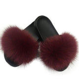 Fox Fur Slides Slippers - Wine Burgundy