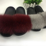 Fox Fur Slides Slippers - Wine Burgundy