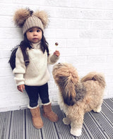 Mini Beige Double Natural Pomkin Fur Pom Hat