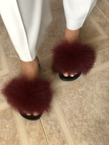 Fur Slides Slippers - Wine Burgundy