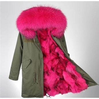 rose bright pink green fur parka 