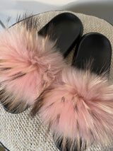 Raccoon Fur Slides Slippers - Dusty Pink