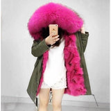 Rose Pink Green Army Raccoon Fur Coat Parka