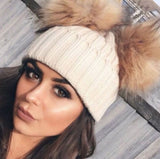 Beige Double Natural Pomkin Fur Pom Hat