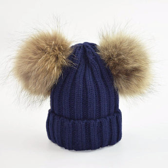 Mini Navy Double Fur Pom Hat Tuque