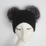 Silver Fox Black Double Pomkin Fur Pom Hat