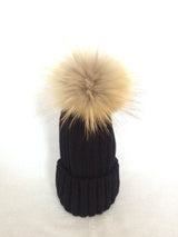 Black Fur Pom Pom Bobble Hat Tuque