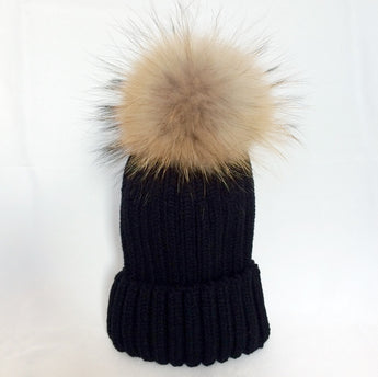 Black Fur Pom Pom Bobble Hat Tuque