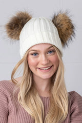 White Double Natural Pomkin Fur Pom Hat