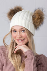 White Double Natural Pomkin Fur Pom Hat