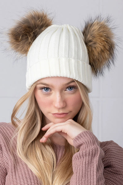 White Double Natural Pomkin Fur Pom Hat