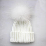 Kids Fur Pom Pom White Hat Tuque