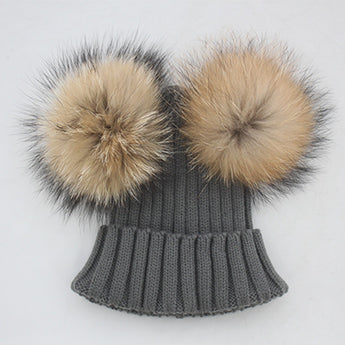 Mini Dark Grey Double Natural Pom Hat